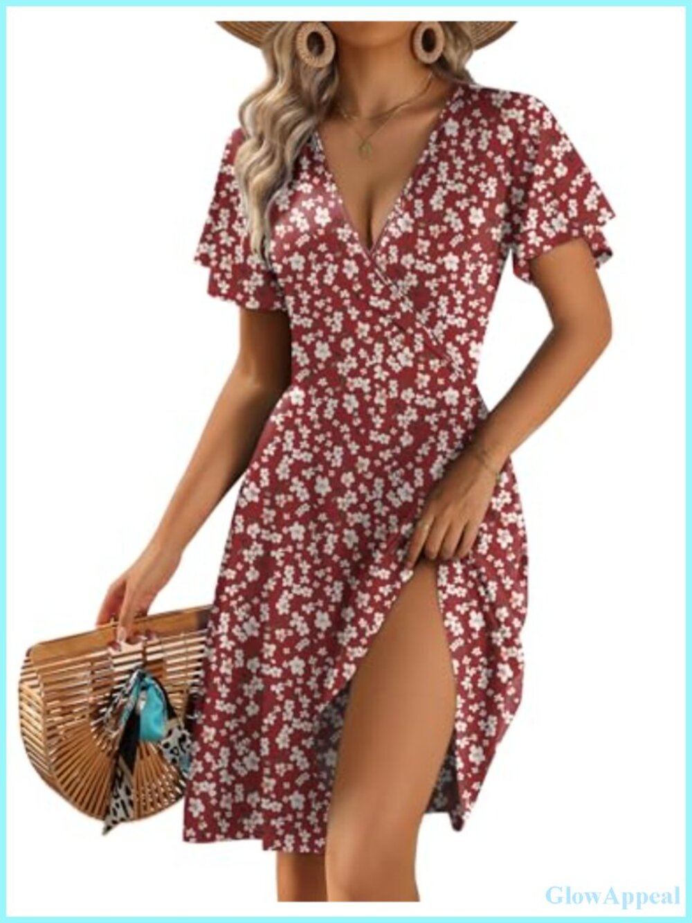 Womens Wrap V Neck Floral A-Line Dress Ruffle Short Sleeve Casual Sundress